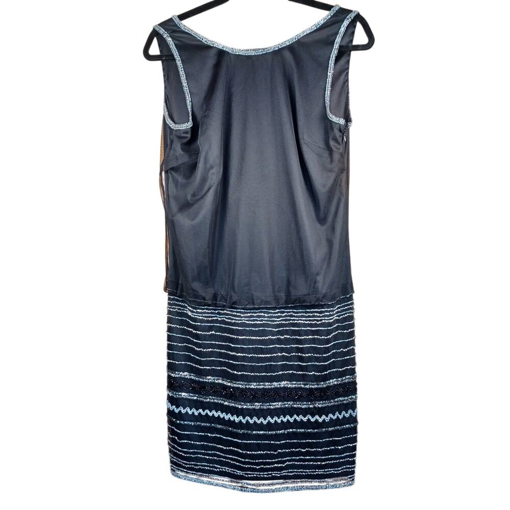 Adrianna Papell Size 10 Black Beaded Blouson Cocktail Dress Silver Striped Skirt